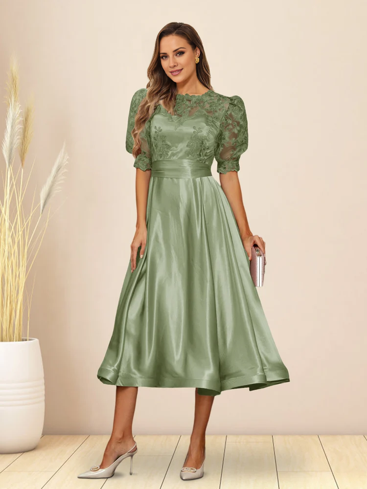Green Satin Lace Bodice Puff Sleeve A-Line Tea-Length Evening Dress