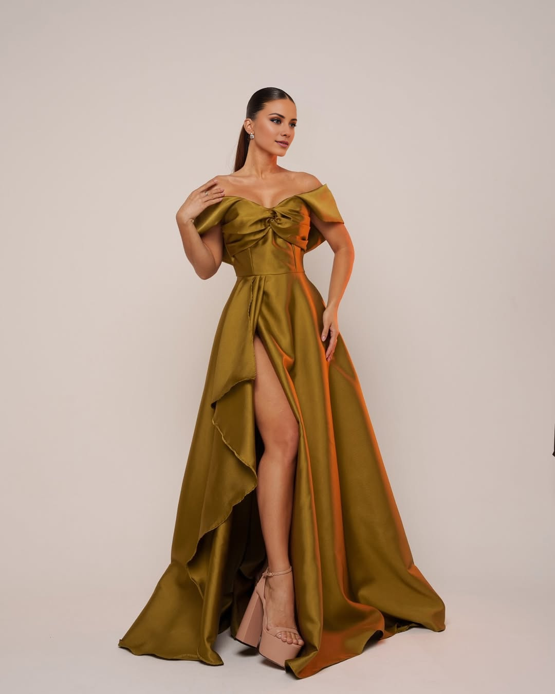 Dusty Rose Off-the-Shoulder A-Line Satin Floor-Length Evening Dress