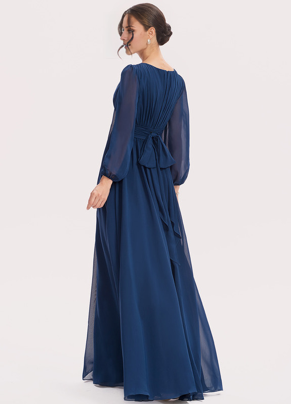 Dark Navy Chiffon A-Line Floor-Length Bridesmaid Dress with Boat Neck & Voluminous Sleeves