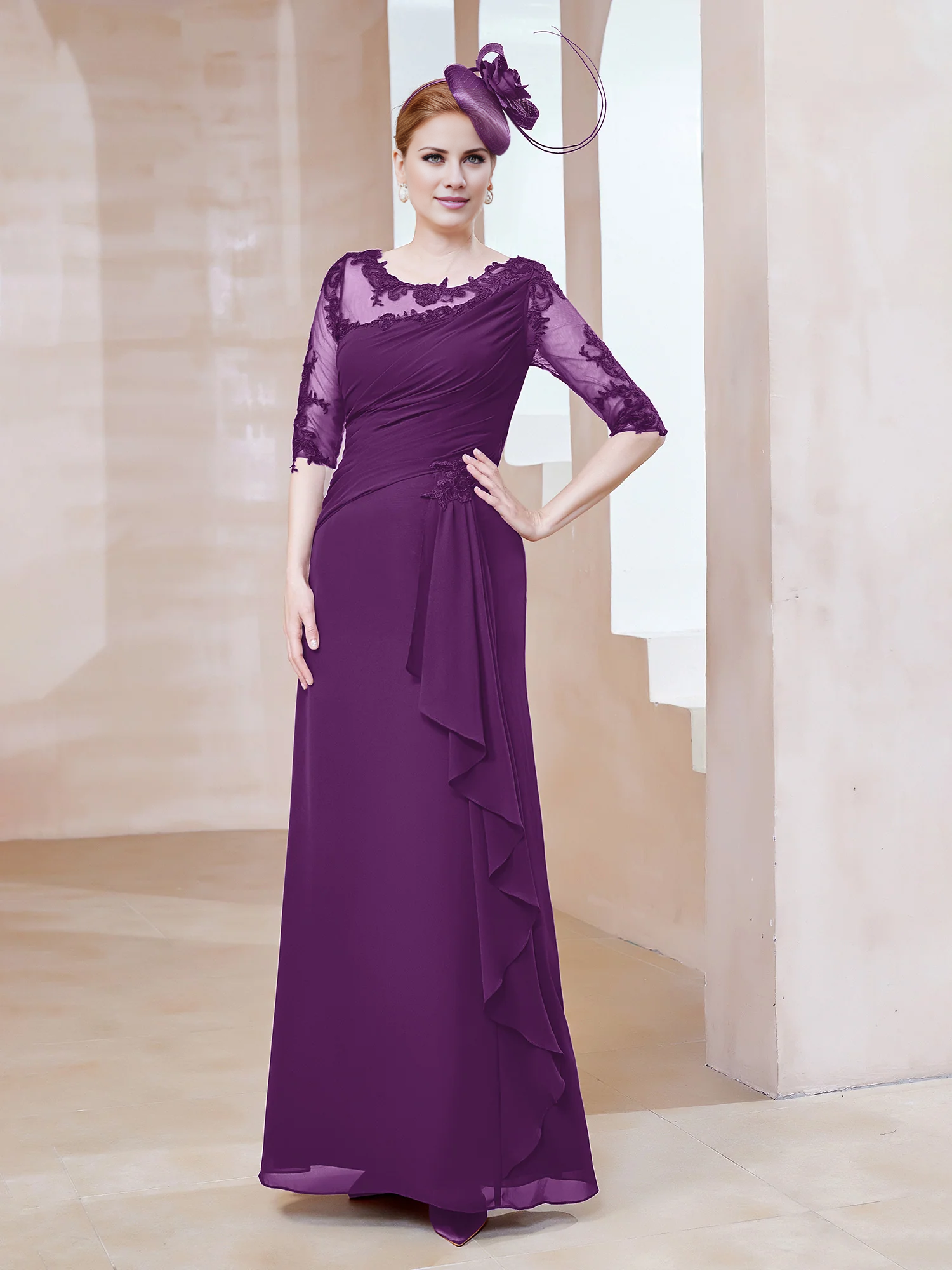 Burgundy Chiffon A-Line Floor-Length Evening Dress with Lace Bodice and Draped Waist