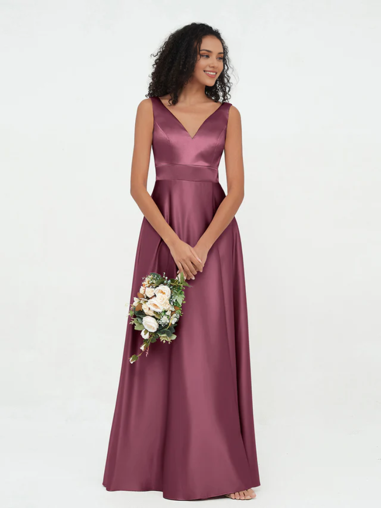 Olive Green Satin V-Neck A-Line Floor-Length Bridesmaid Dress