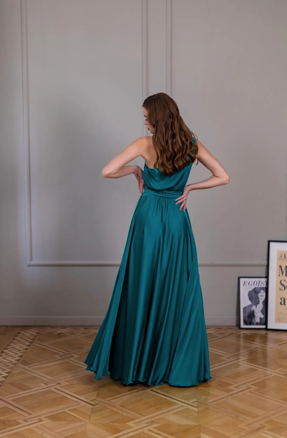 Jimiss - Vestido de fiesta de satén con cuello asimétrico, sin espalda y largo hasta el suelo 