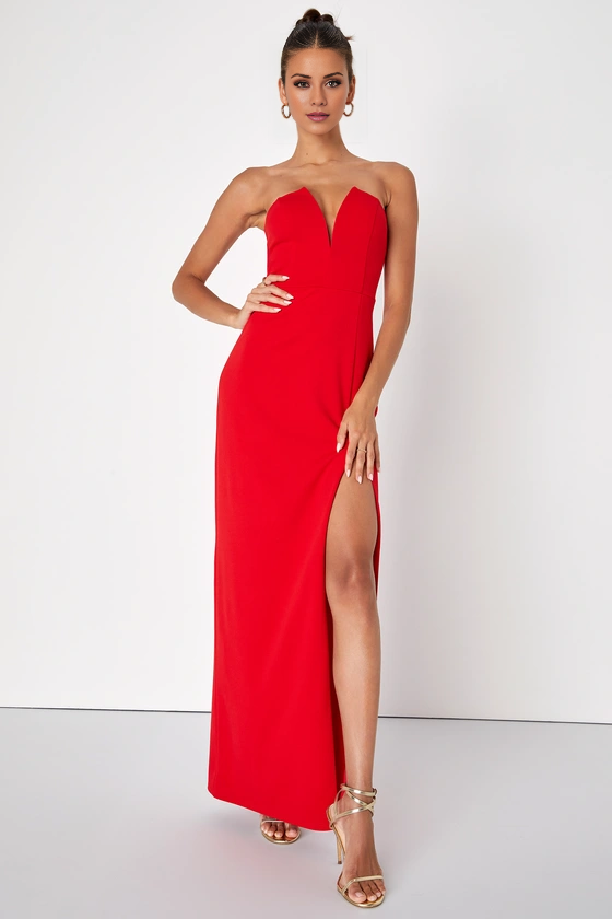 Vestido de noche Jimiss con escote en V, hombros descubiertos, sin mangas, sin tirantes, espalda descubierta, abertura y largo hasta el suelo