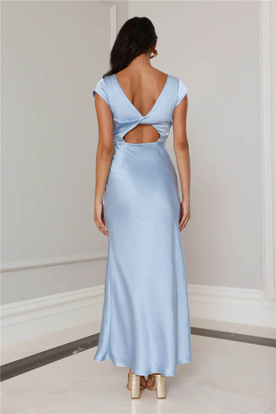 Vestido de fiesta largo sin espalda, de satén, con cuello en V y mangas cortas de Jimiss