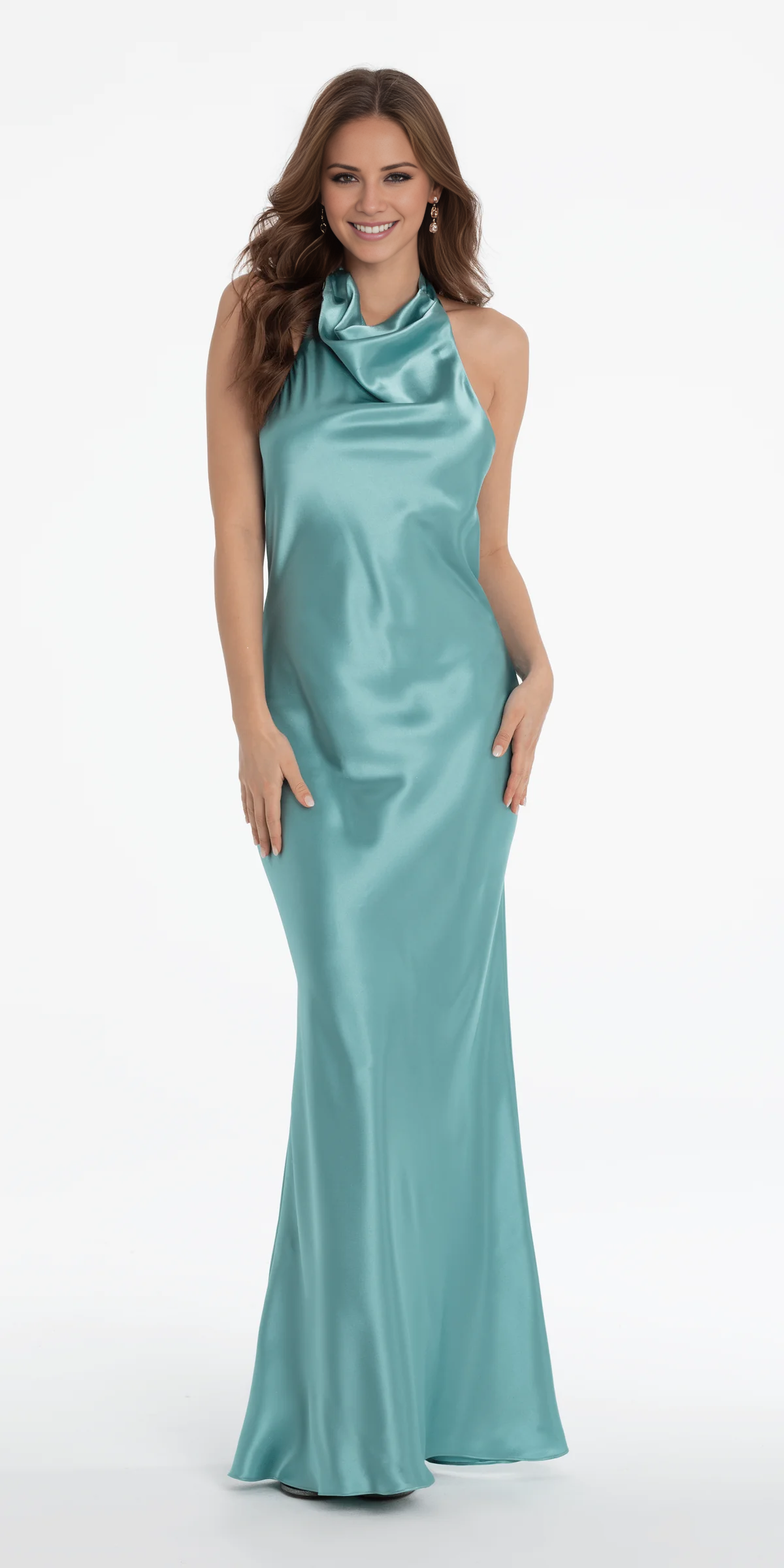 Vestido de fiesta Jimiss de satén con escote halter, sin mangas, con hombros descubiertos y largo hasta el suelo 