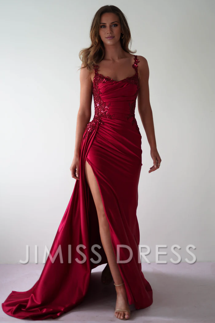 Burgundy Satin A-Line Sweetheart Gown with Embellished Bodice & High Slit