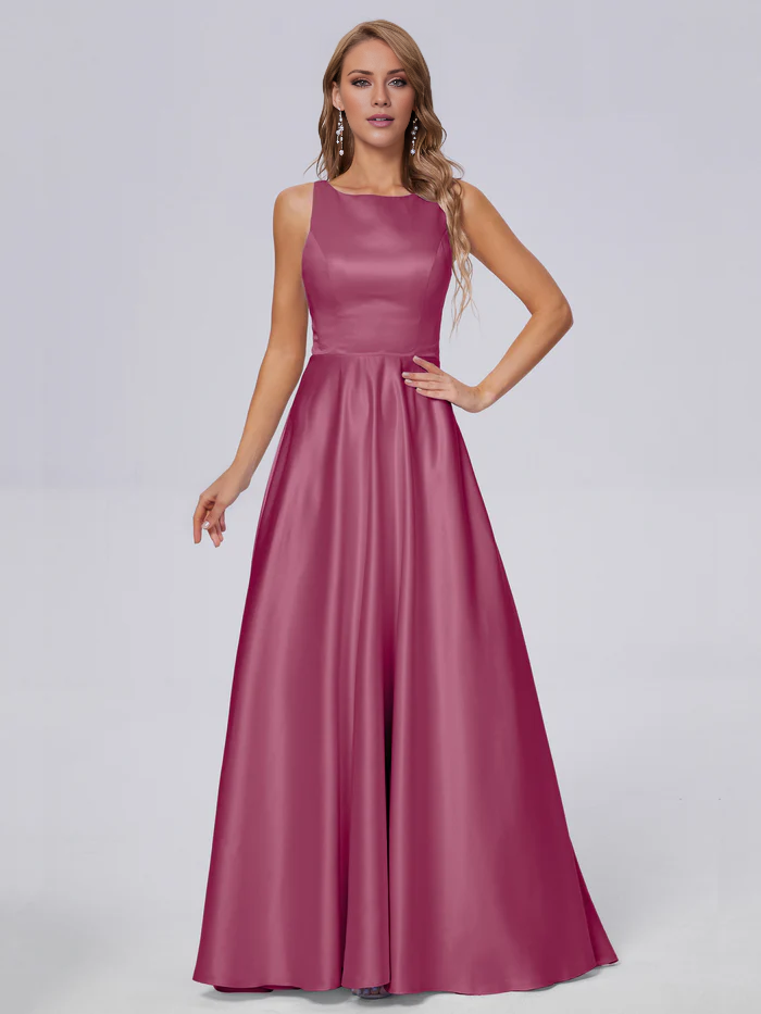 Sleeveless satin long and floor length bridesmaid dress