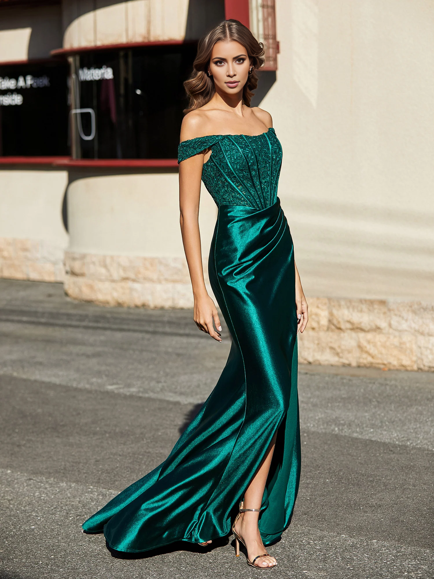 Vestido de satén con corsé ajustado y abertura alta que deja los hombros al descubierto