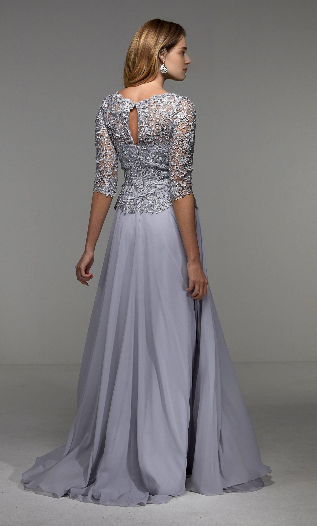 Silver Lace A-Line Floor-Length Bridesmaid Dress with Boat Neck & 3/4 Sleeves