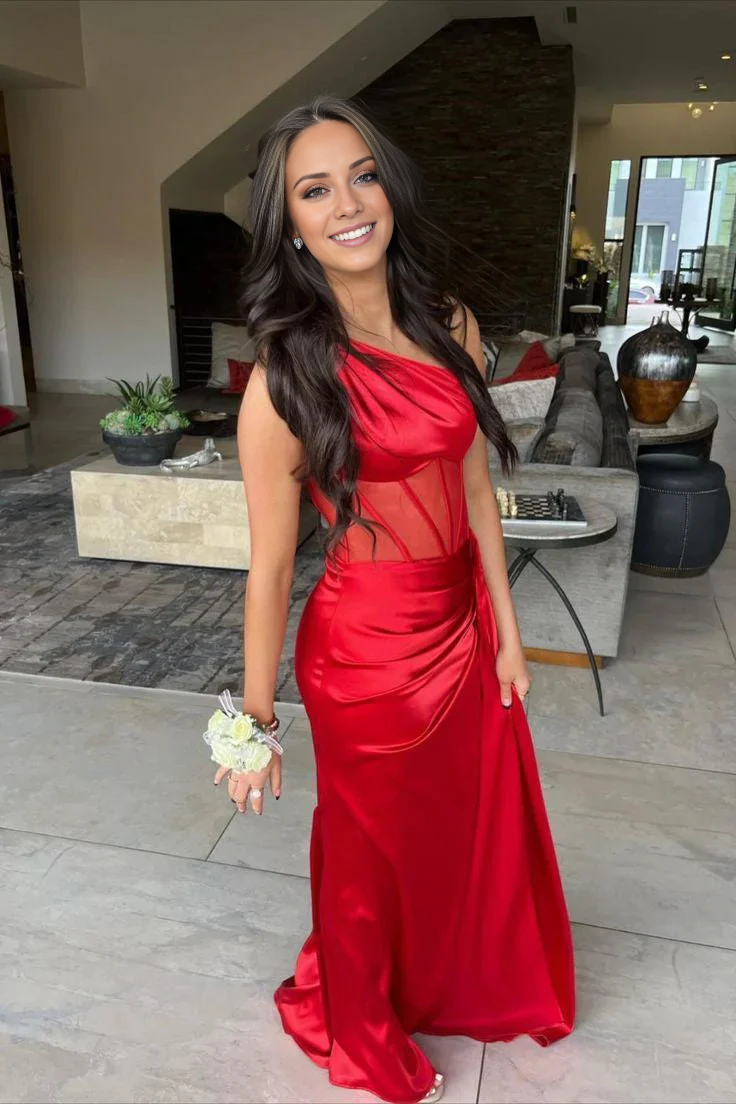 Pink Satin One Shoulder A-Line Floor-Length Evening Dress