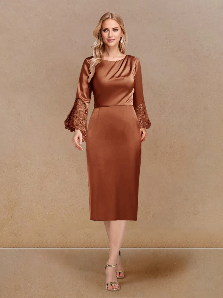 Slate Blue Satin Sheath/column Midi Dress with Draped neckline + Lace bell sleeves