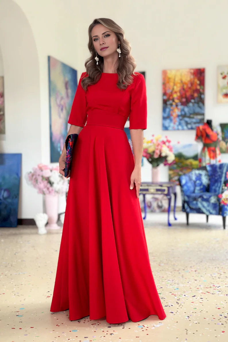 Jimiss - Vestido de fiesta de manga corta con escote barco, corte trompeta y largo hasta el suelo 