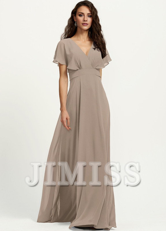 Abito da damigella d'onore in chiffon lungo fino al pavimento, con scollo a V e linea ad A