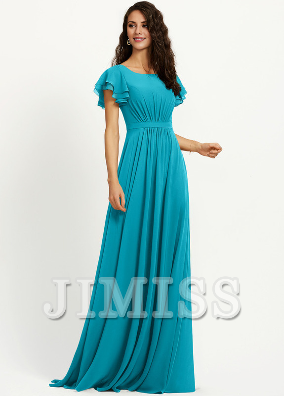 Vestido de dama de honor de gasa con escote redondo y volantes en forma de A