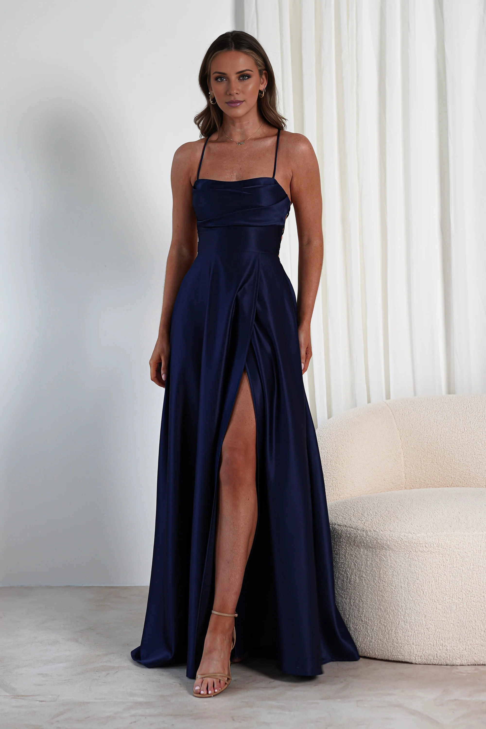 Thin shoulder strap with exposed back side slit and floor length Prom Dress - Jimiss Dress