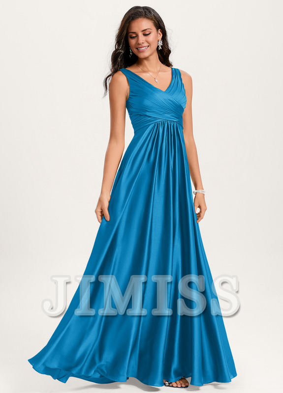 Vestido de dama de honor de satén con volantes, escote en V y largo hasta el suelo