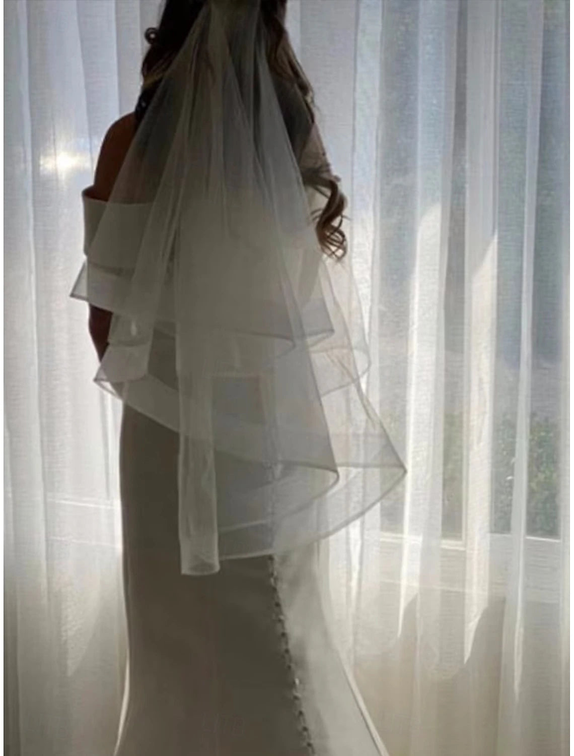 Jimiss - Vestido de novia contemporáneo/de moda de una sola capa con velo catedral y gasa con borlas