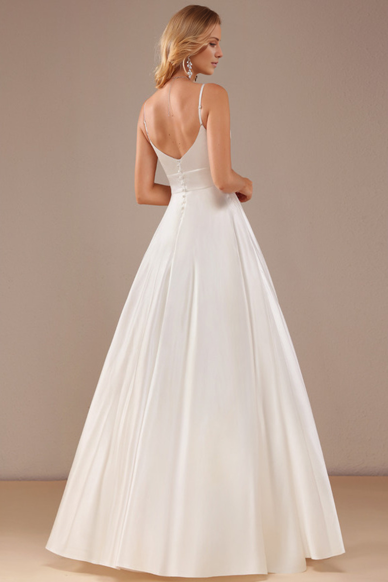 Ivory Satin V-Neck A-Line Floor-Length Bridesmaid Dress with Pockets