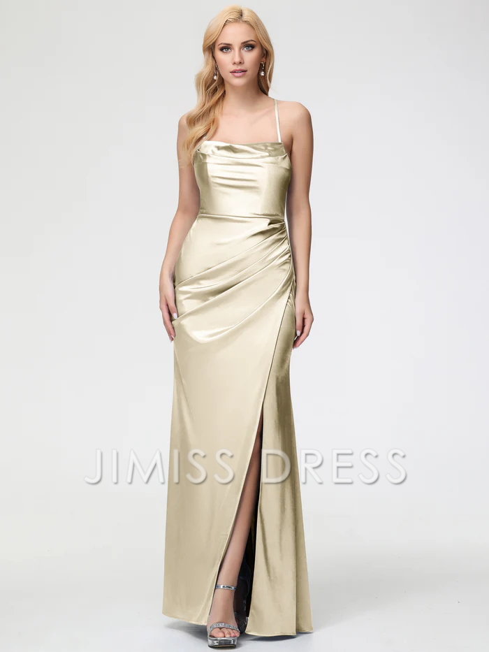 Vestido de fiesta de satén con chal sin mangas, tirantes finos y abertura tipo trompeta/sirena de Jimiss