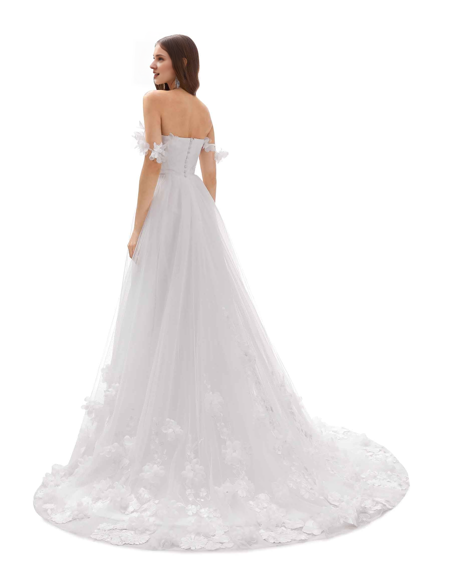 Precioso vestido de novia extra largo de encaje floral con escote en V y hombros descubiertos en forma de A