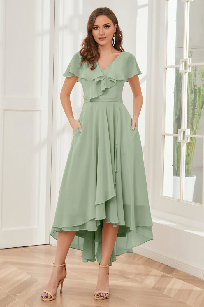 V-neck high-low short sleeved tea long bridesmaid dress