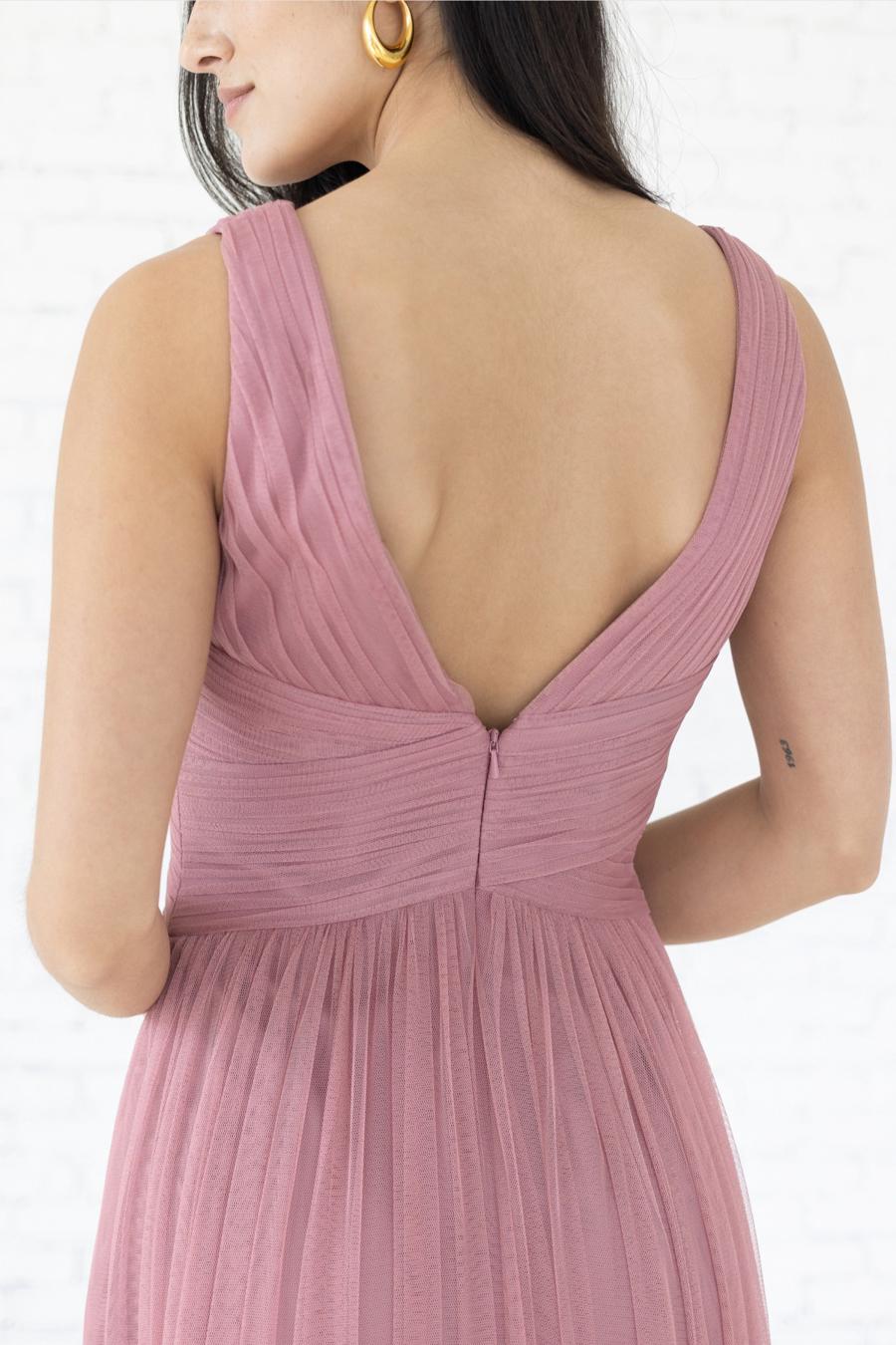 Dusty Rose Tulle A-Line Floor-Length V-Neck Dress with Ruched Bodice