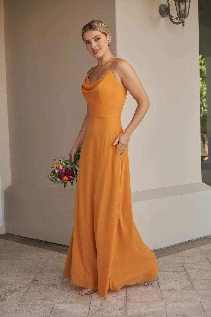 Vestido de dama de honor con escote delantero, espalda en forma de V y tirantes finos estilo bufanda