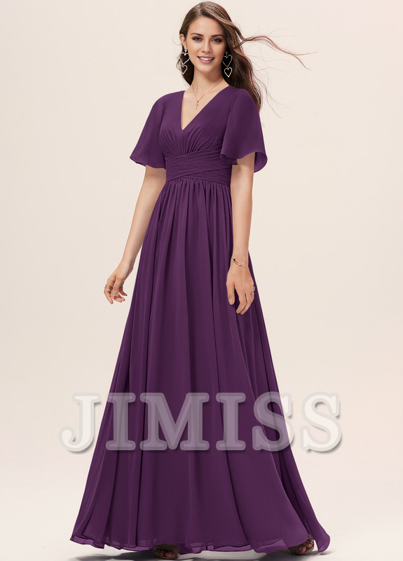 Vestido de dama de honor de gasa con volantes, escote en V y largo hasta el suelo