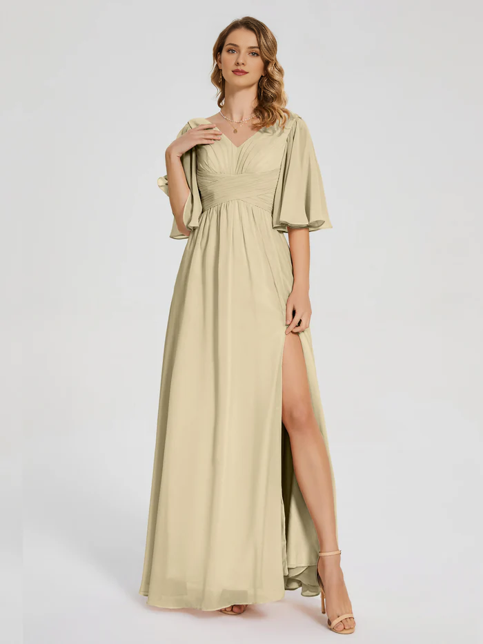Burgundy Chiffon A-Line V-Neck Floor-Length Dress | Flutter Sleeve Bridesmaid Gown
