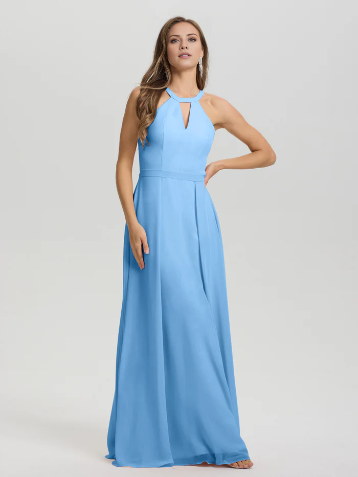 A-line keyhole collar sleeveless chiffon and floor length bridesmaid dress