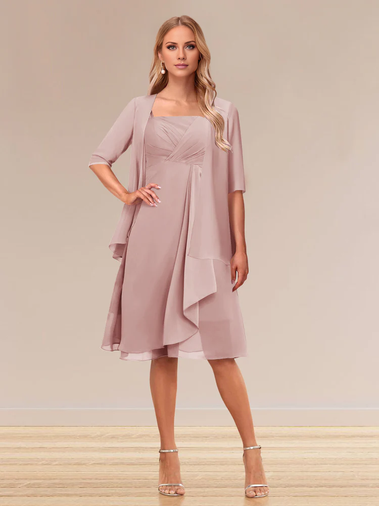 Dusty Rose Chiffon A-Line Tea-Length Mother of the Bride Dress with Pleated Bodice