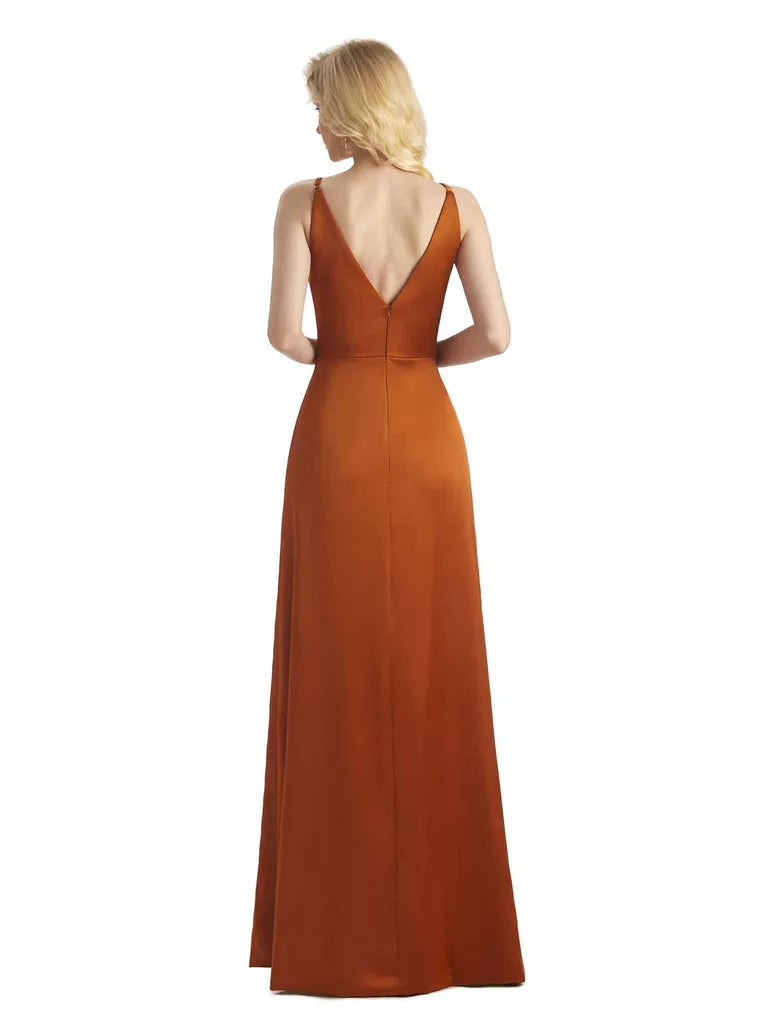 Simple Soft Satin Side Slit V-Neck Sleeveless Wrap Formal Long Bridesmaid Dresses