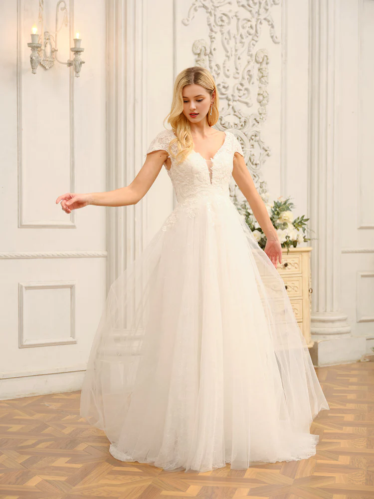 Vestido de novia largo de manga corta con escote en V, apliques y adornos de cuentas