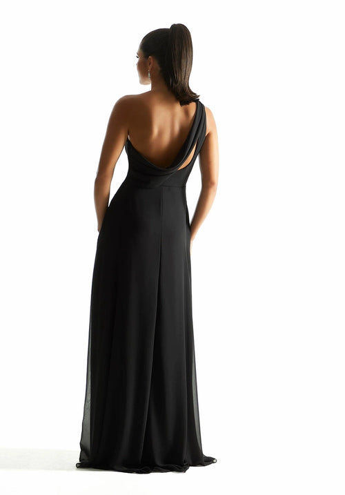 Vestido de dama de honor de gasa con cuello de un solo hombro, plisado, con bufanda y espalda descubierta