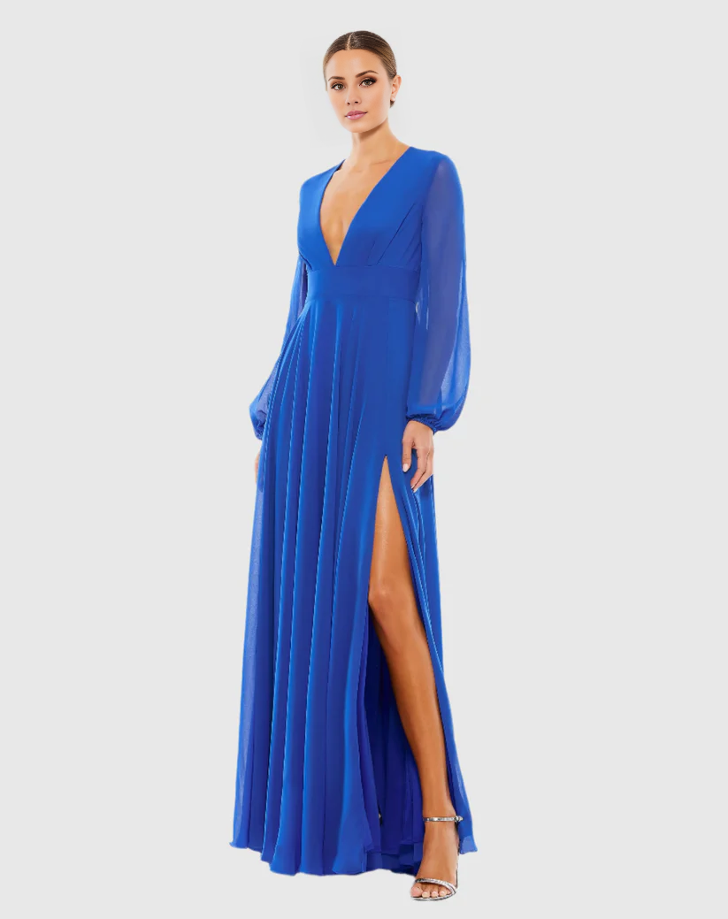 V-neck phantom long sleeve chiffon side slit floor-length evening dress