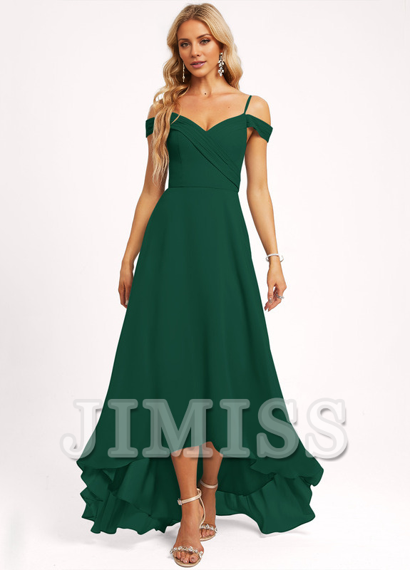 Dusty Blue Chiffon A-Line Asymmetrical Sweetheart Dress with Draped Bodice and High-Low Ruffled Hem