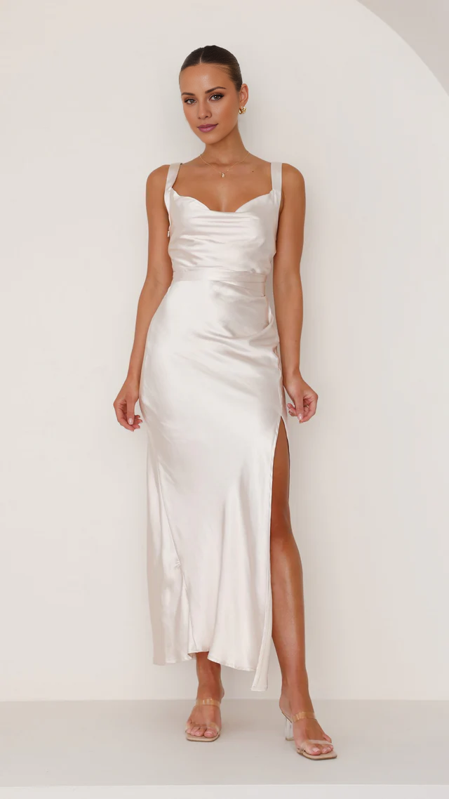 Vestido de fiesta Jimiss con cuello de bufanda, tira trasera expuesta, abertura lateral y largo hasta el suelo