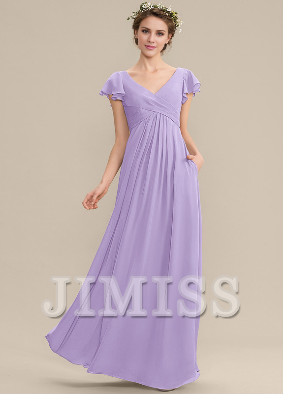 Vestido de dama de honor de gasa con escote en V, volantes escalonados y largo hasta el suelo