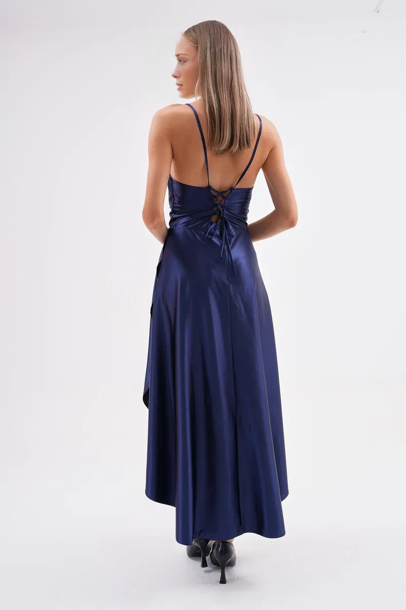 Navy Blue Satin A-Line Ankle-Length Cowl Neck Backless Dress
