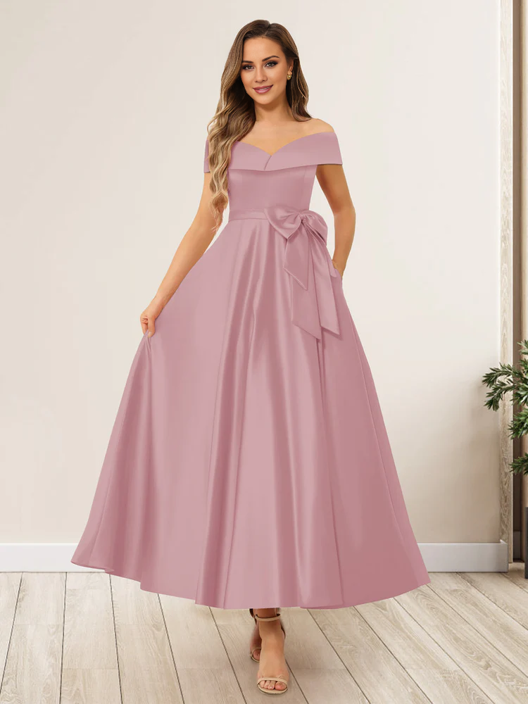 Burgundy Off-the-Shoulder A-Line Tea-Length Bridesmaid Dress