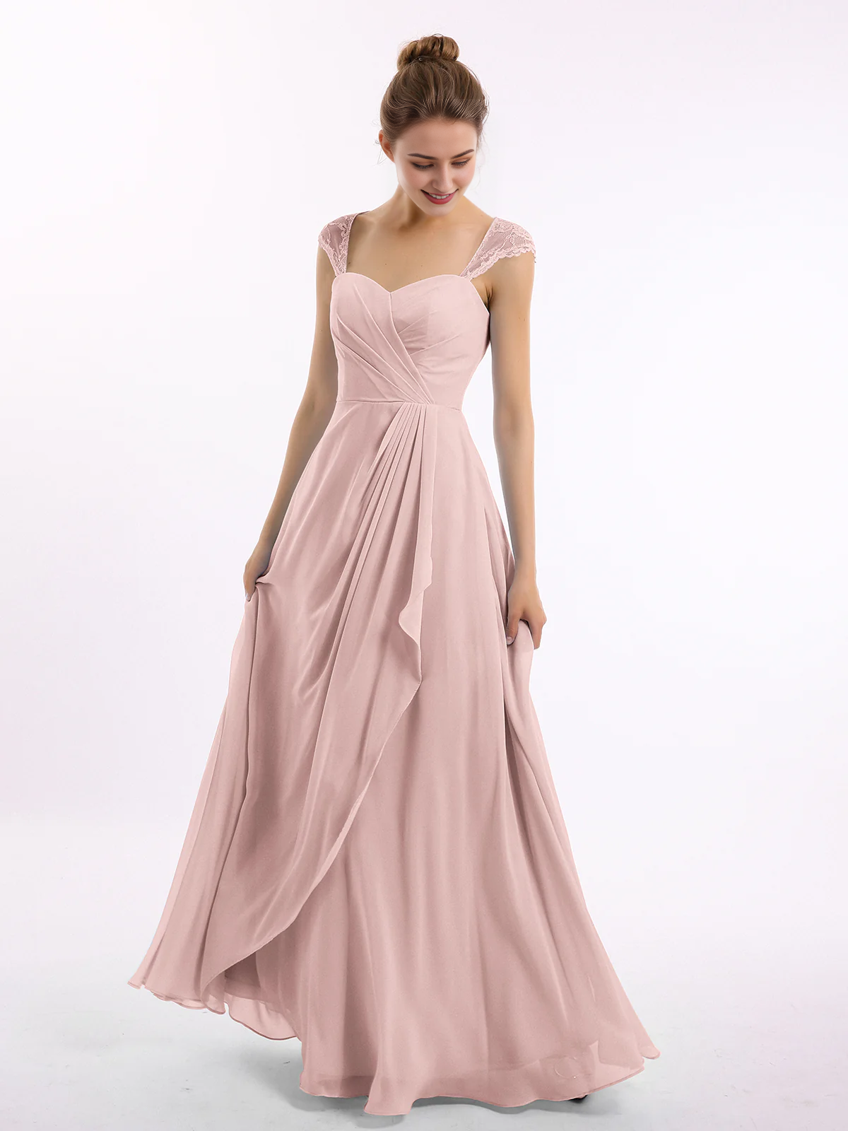 Abito da damigella d'onore in chiffon con maniche in pizzo