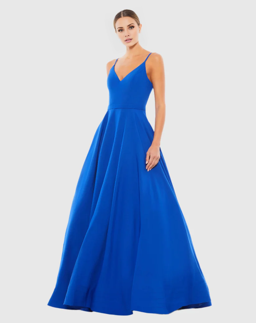 Vestido de noche largo hasta el suelo, sin mangas, con escote en V y tirantes finos