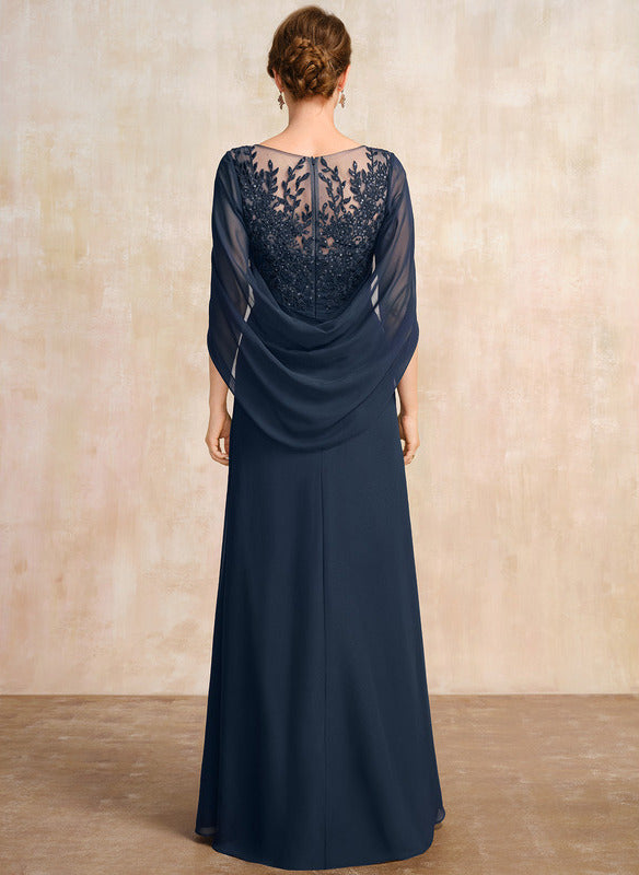 Dark Navy Chiffon A-Line Floor-Length Dress with Illusion Neck & Cape Sleeves