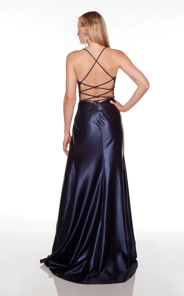 Vestido de fiesta de satén con escote en V, corsé ajustado, sin espalda y largo hasta el suelo