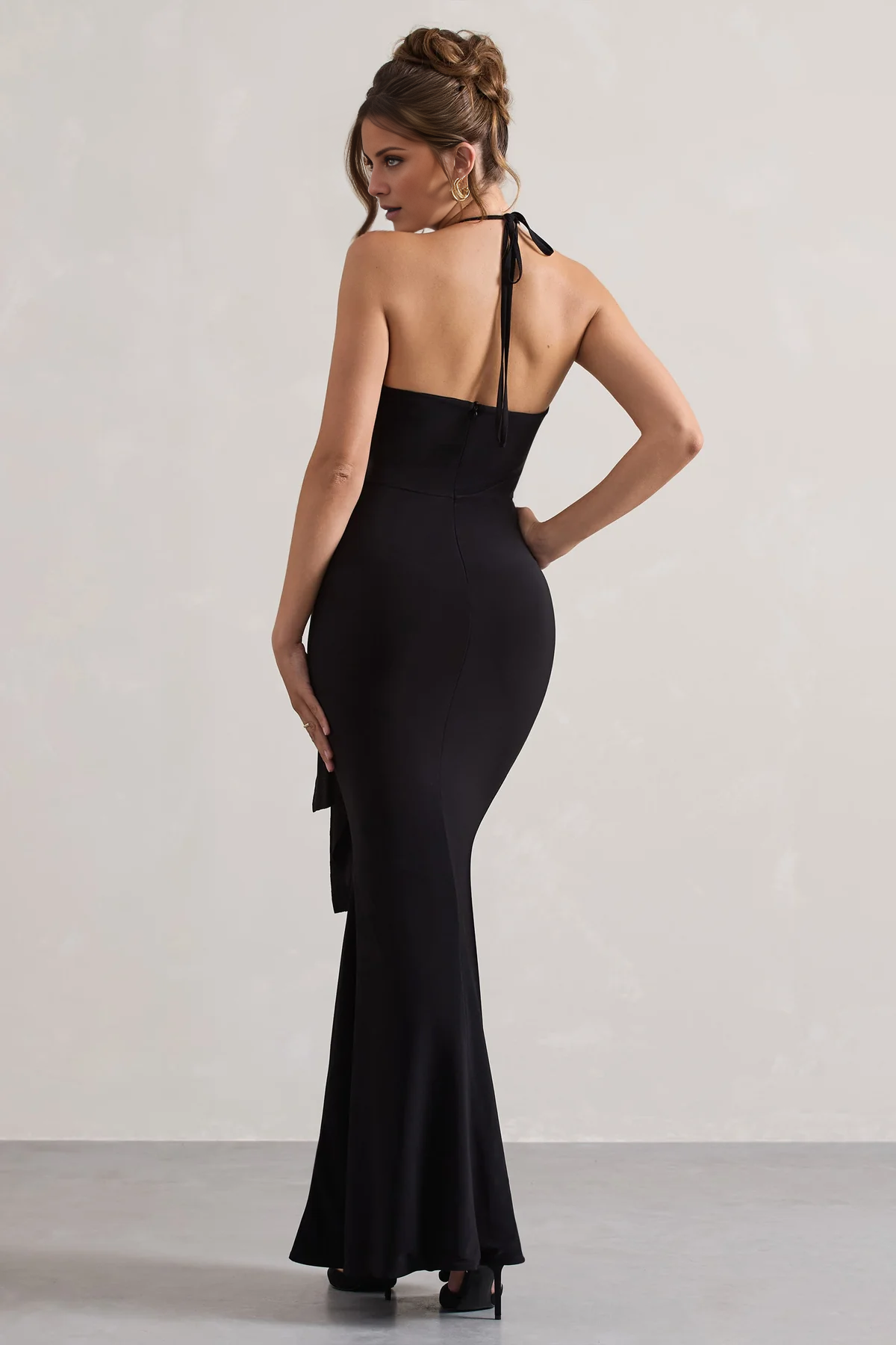Black Crepe Halter V-Neck Sheath Floor-Length Dress with Side Tie Waist