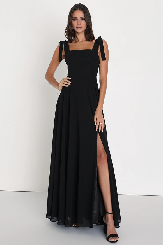 Black Chiffon A-Line Square Neck Floor-Length Bridesmaid Dress with Self-Tie Straps & High Slit