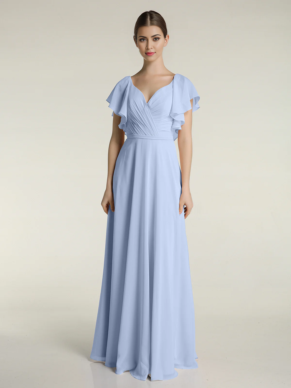 Vestido con cuello en V, capucha, mangas y borde con volantes