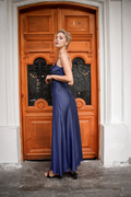 Dark Navy Satin Cowl Neck Long Evening Dress
