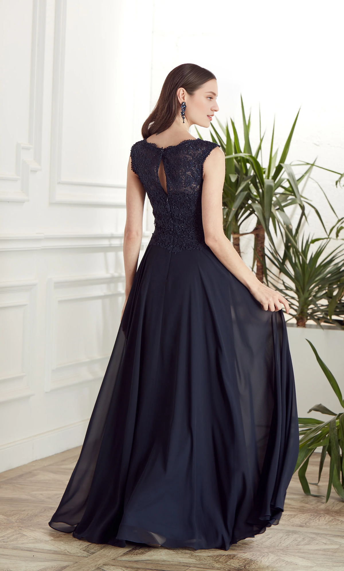 Dark Navy Chiffon A-Line Floor-Length Bridesmaid Dress with Lace Bodice