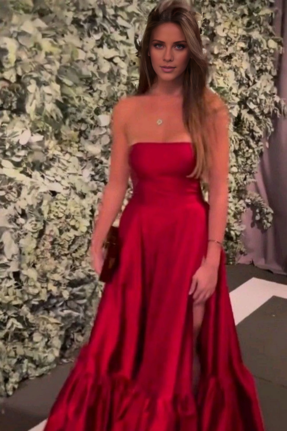Pink Satin Straight Neck A-Line Floor-Length Dress with High Slit & Ruffled Hem